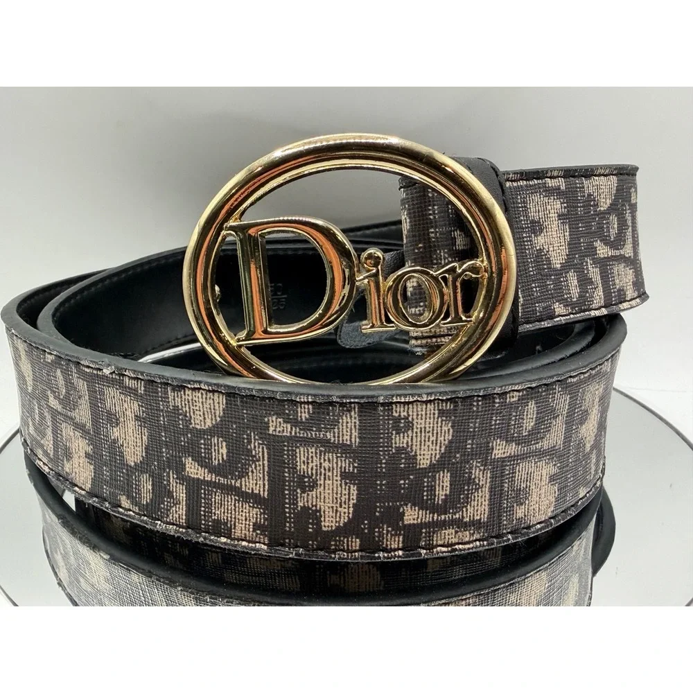Dior Oblique Monogram Belt Beige Black Gold CD Logo Buckle Size 50/125